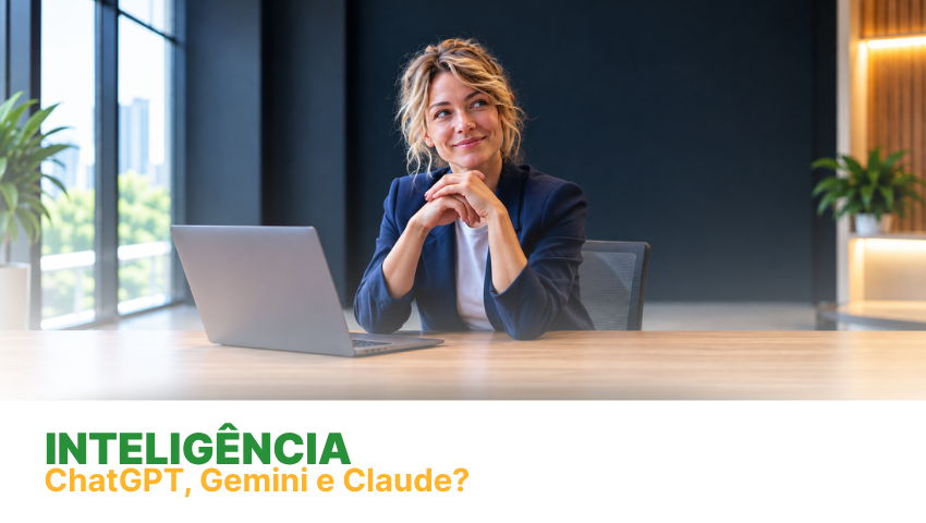 Mulher de blazer azul em escritório; card Inteligência: ChatGPT, Gemini e Claude